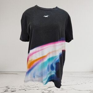Hollister Black Tee with Multicolor Wave Size L